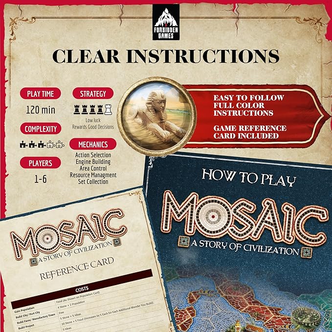 Mosaic: A Story of Civilization - Strategy Board Game for Adults and Family | Fast Fun Action-Selection and Area Control Game | 1-6 Players | Ages 14 and Up | 120 Minutes | by Forbidden Games