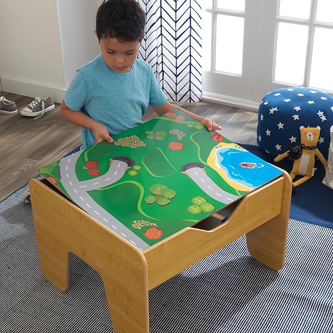 KidKraft 2-in-1 Reversible Top Activity Table with 200 Building Bricks and 30-Piece Wooden Train Set Natural Gift for Ages 3+