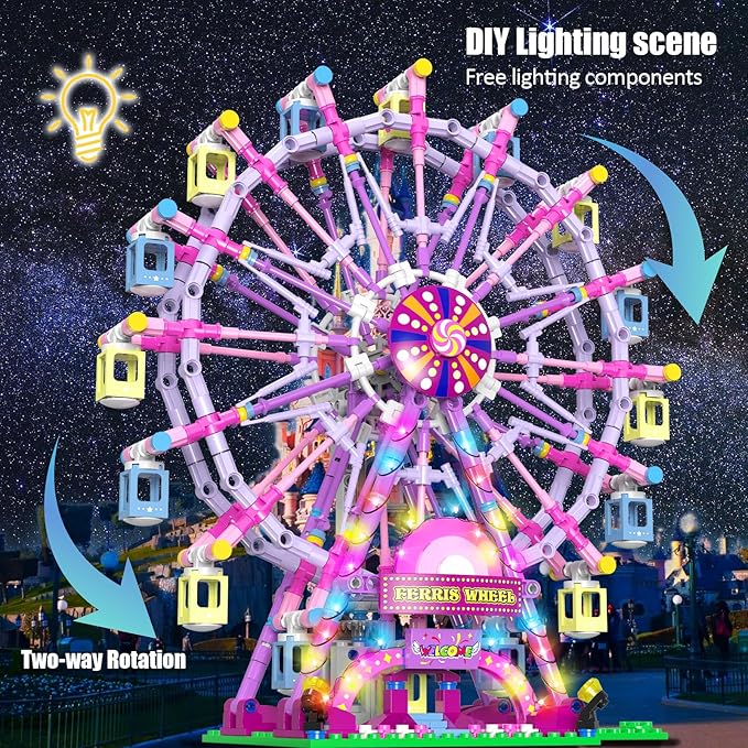 Ferris Wheel Building Block Set with Fairy Light Two-Way Rotating Ferris Wheel Building Set 813 Pieces Amusement Park Interlocking Blocks Toys for Ages 8-13 Gift Idea for Boys and Girls