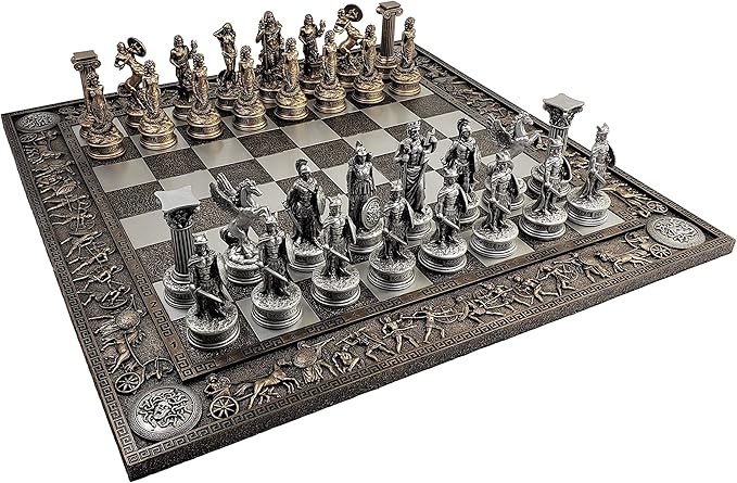 Greek Mythology Olympus Gods Zeus vs Poseidon Pewter and Bronze Color Chess Set with 17 Greek Board