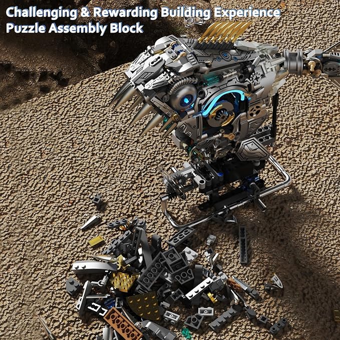 1085-PCS Mechanical Piranhas Fish Building Set with LED Light Movable Linkage Gears Display StandMechanical Fish
