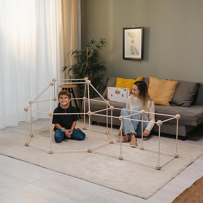 MIND KIDZ Wooden Fort Building Kit for Kids - STEM Montessori construction toy - 52 rods &amp 30 spheres Eco-friendly play set for boys &amp girls