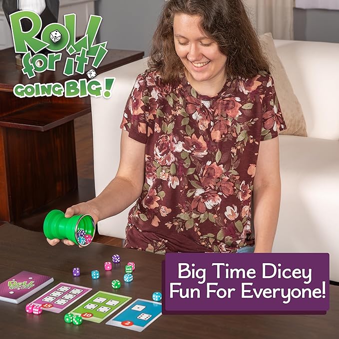 Calliope Games Roll for It Going Big - Fast-Playing Family Dice Game with Big Oversized Cards and Dice Retirement Party Games Fun Family Games for Travel Parties and Game Night - Purple Edition