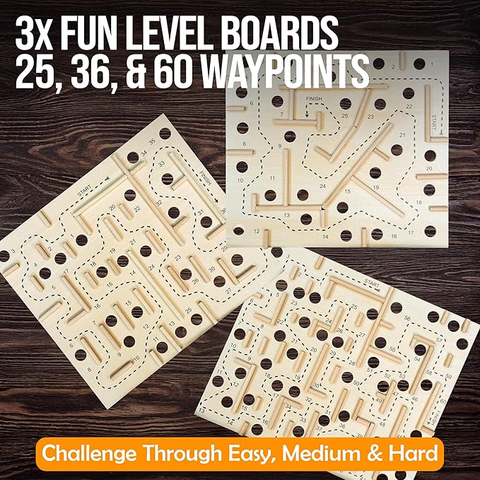 Sterling Games Wooden Labyrinth with 3 Swappable Boards – Classic Maze Game with 60 36 and 25 Waypoints – Wooden Tilt Puzzle with Knob Control and 3 Steel Marbles for Kids Age 6+