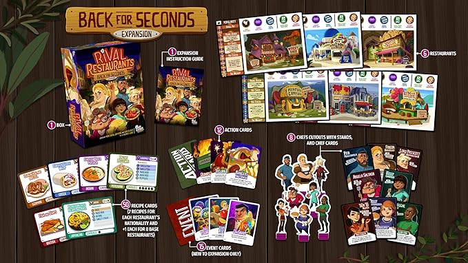 Rival Restaurants: Back for Seconds Expansion by Gap Closer Games | Strategy Board Game | 2 to 6 Players | Ages 10+ | 45+ Minutes | Expansion with New Chefs Additional Restaurants &amp Action Cards