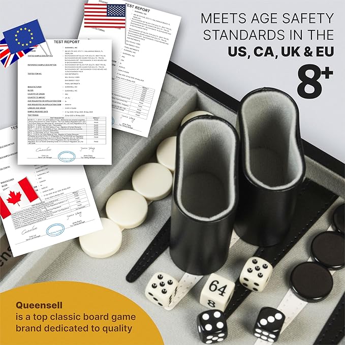 Backgammon Sets for Adults – 15-Inch Black PU Leather Board Game Set – Classic 2-Player Travel Backgammon Set with 32 Playing Pieces Dice and Cups
