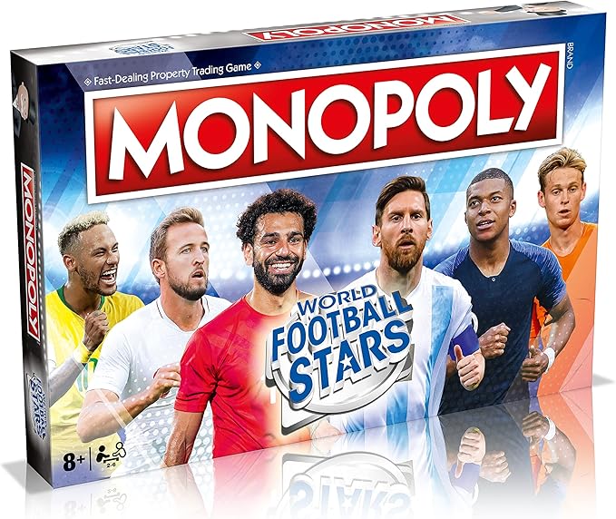 Winning Moves World Football Stars Monopoly Board Game Play with Cristiano Ronaldo Lionel Messi Harry Kane and Salah Gift for Ages 8 Plus Blue