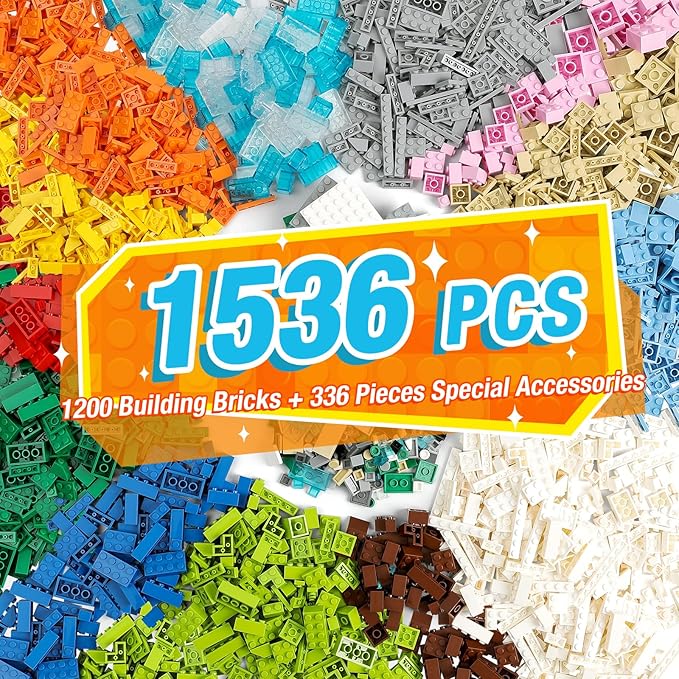 1500 Pieces Building Bricks Classic Building Bulks with 30PCS Small Flat Plates and 46PCS Wheel Parts and Pieces - Compatible with Lego and Other Brands 16 Color/18 Size