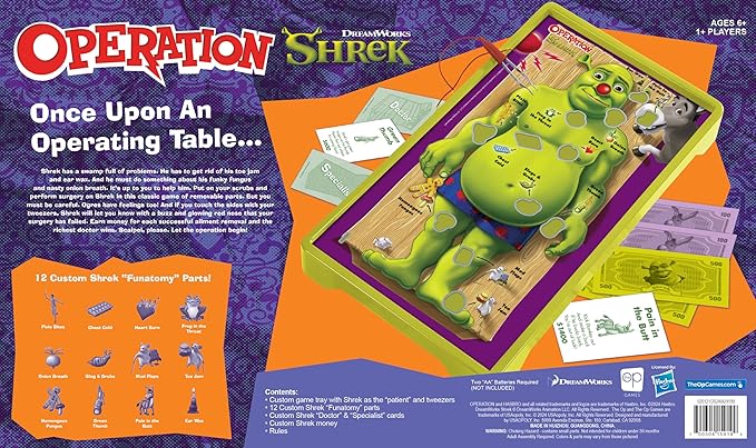 Operation: Shrek Board Game Featuring 12 Custom Shrek “Funatomy” Pieces from Pixie Bites to Pain in The Butt Donkey Classic Electronic Remove The Objects or Get The Buzzer Game Officially Licensed