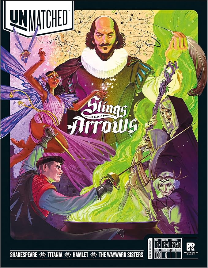 Restoration Games Unmatched Slings and Arrows - Strategy Board Game for 2 to 4 Players - Shakespeare Heroes Expansion with Globe Theatre Battlefield - 30 Min Playtime - Ages 9+