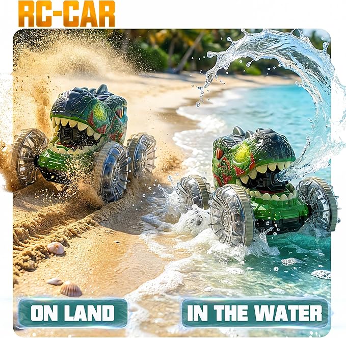 BEZGAR Monster Truck Toys - Dinosaur Toys with Light Remote Control Car for Water &amp Land with Water Gun Pool Toys for Kids with 360° Spins and Drifting Remote Control Car for Boys 4-7