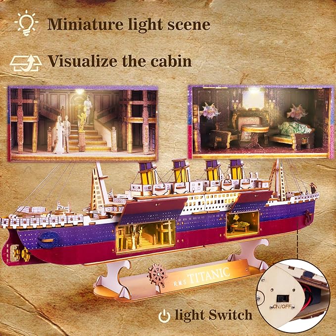 Titanic 3D Puzzles for Adults LED Titanic Metal Ship Model Building Kits for Home Desk Decor 368 Pcs Wooden DIY Arts and Crafts Collection Gifts for Couples Women Teens 14 +