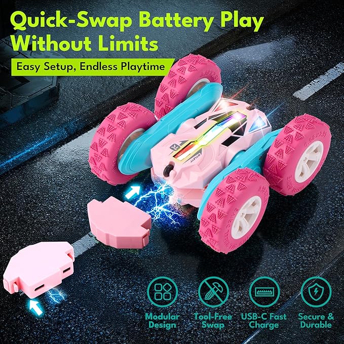 Threeking New Remote Control Car RC Flip Stunt Double Sided Driving Cars Toys for Girls Ages 6-12 USB-C Modular Batteries 4WD 360° Flips with Breathing Soft Lights Presents Gifts for Kids Pink