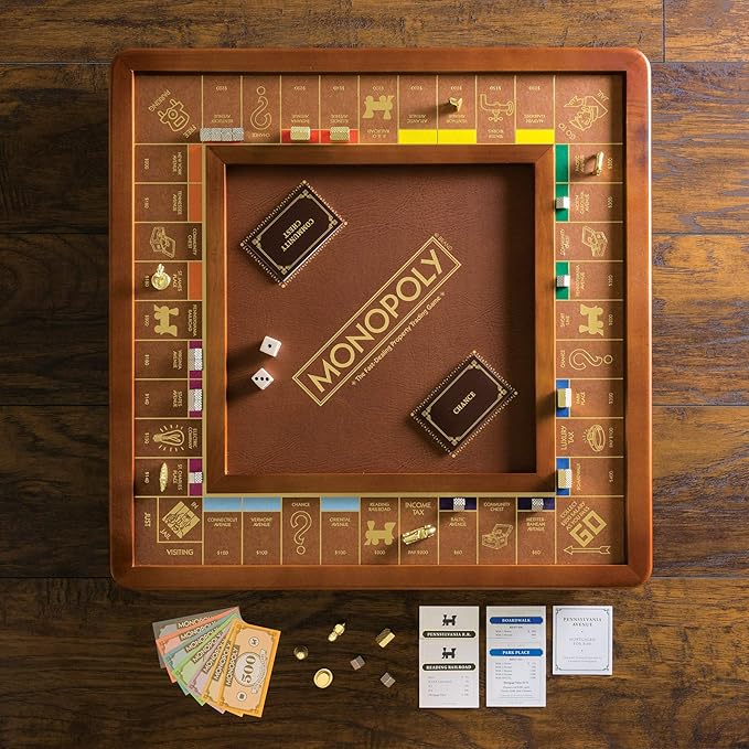 Monopoly Luxury Edition by WS Game Company Burl Wood Cabinet with Gold Foil Stamped Game Board Faux Leather Rolling Area and 2 Storage Drawers Premium Board Games for 2-6 Players