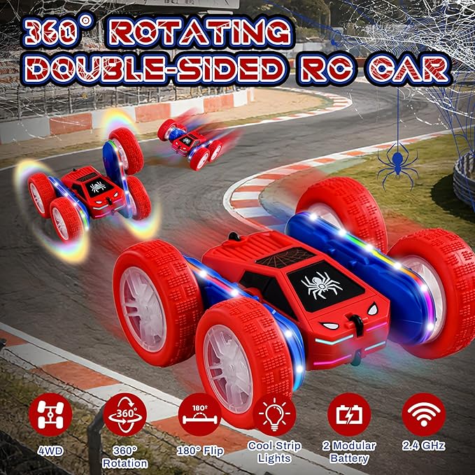 Spider Remote Control Car 4WD 360° Flips RC Stunt Car Toys Cyber-Inspired Double-Sided Drift Rc Cars with LED Lights 2 Rechargeable Charge Battery Modules Toys and Gift for Boys Age 3-12