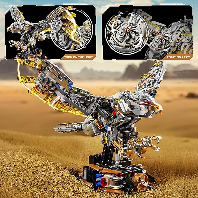 1168-PCS Mechanical Eagle Building Block Set with LED Light Movable Linkage Gears Display Stand - Animals Building Blocks Toy for Adults Teens Kids Age 12+
