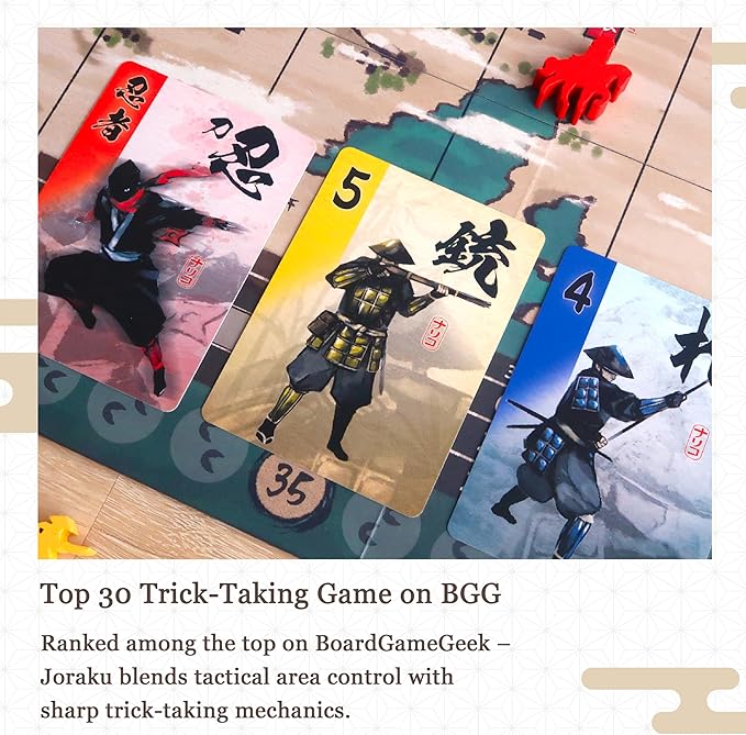Joraku Deluxe Strategy Board Game 40 Wooden Samurai Meeples Area Control and Trick-Taking Mechanics for Strategy Game Enthusiasts 2-4 Players 20-40 Min