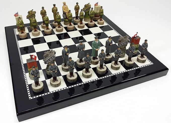 HPL World War 2 US vs Germany Chess Set Hand Painted W/High Gloss Black &amp White Board WW2