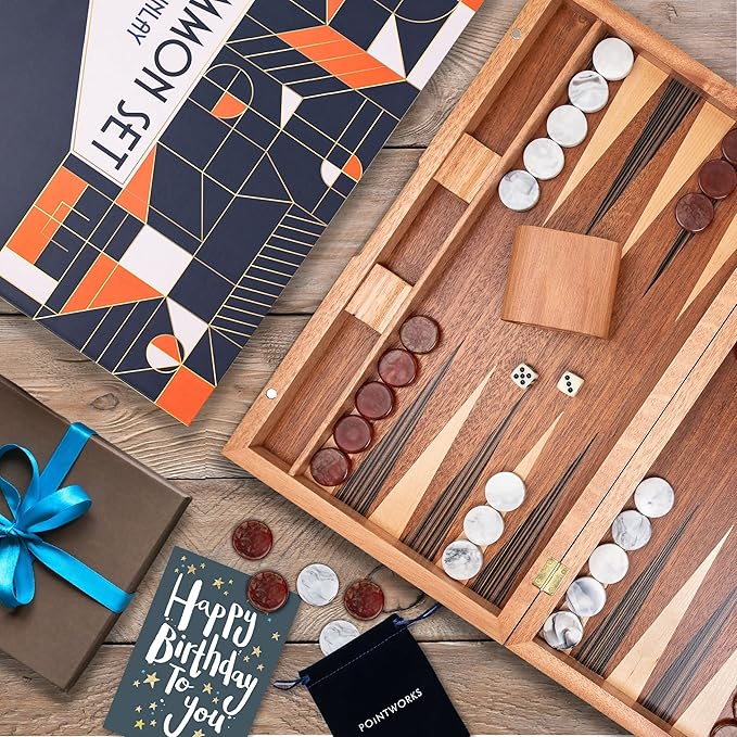 17 Inch Backgammon Sets for Adults. Beautiful Wood Inlaid Backgammon Board Game Set with Unique Checkers &amp Dice. Large Back Gammon Game Sets Travel Size for 2 Players Nardi or Tavla