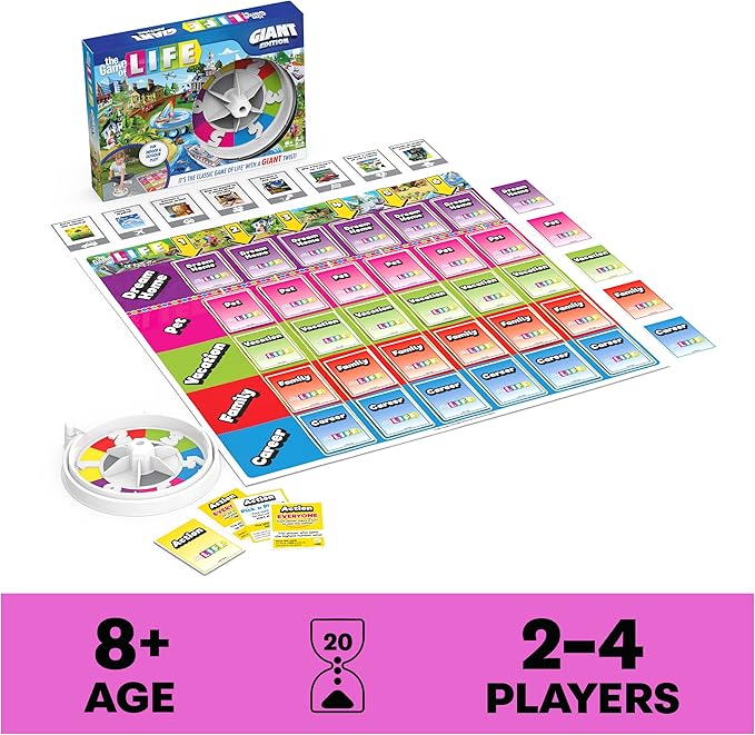The Game of Life Giant Edition Family Board Game Indoor/Outdoor Fun Game with Big Oversized Gameboard Cards Spinner for Adults and Kids Ages 8 and up