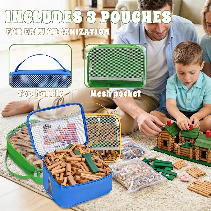 4 Pack Wooden Building Blocks Storage Bags Compatible with Wondertoys 530 Pcs Wooden Logs Set Toy Organizer with Clear PVC Window Mesh Pocket &amp Handles for Wooden Logs Blocks &amp Accessories