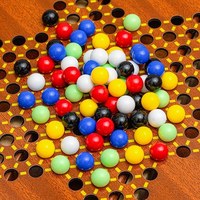 Wooden Chinese Checkers Game Set with Storage Drawer 12.6 inches - Includes 60 Colorful Acrylic Chess Pieces (6 Colors) - Classic Strategy Board Game