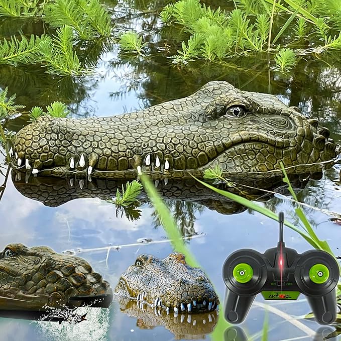 2.4 GHz Remote Control Alligator Head Boat RC Boats - Large Resin Decoy and Floating Crocodile Head Toy Rechargeable Battery Prank Toys Remote Controlled Boat Lake &amp Pool