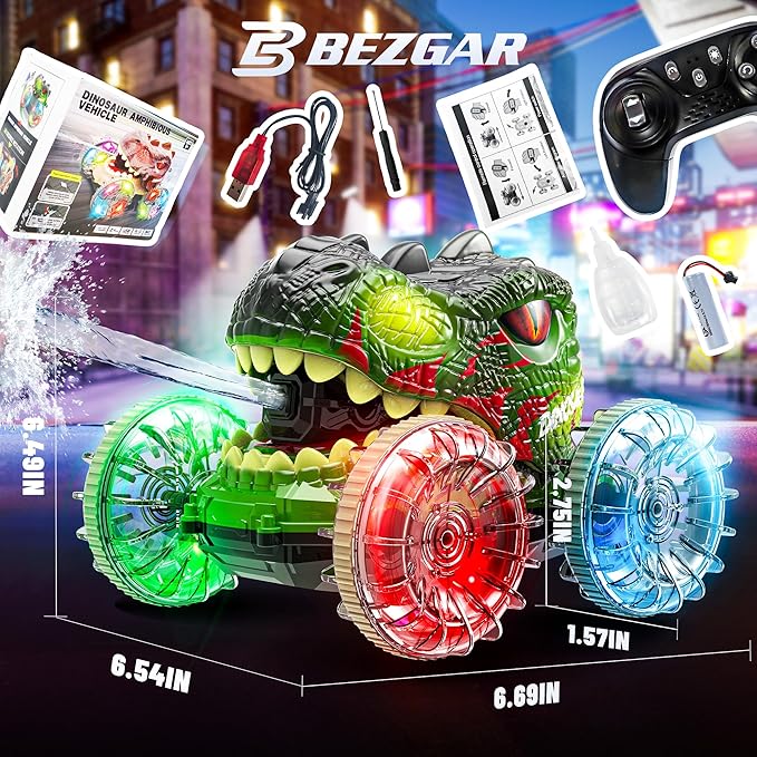 BEZGAR Monster Truck Toys - Dinosaur Toys with Light Remote Control Car for Water &amp Land with Water Gun Pool Toys for Kids with 360° Spins and Drifting Remote Control Car for Boys 4-7