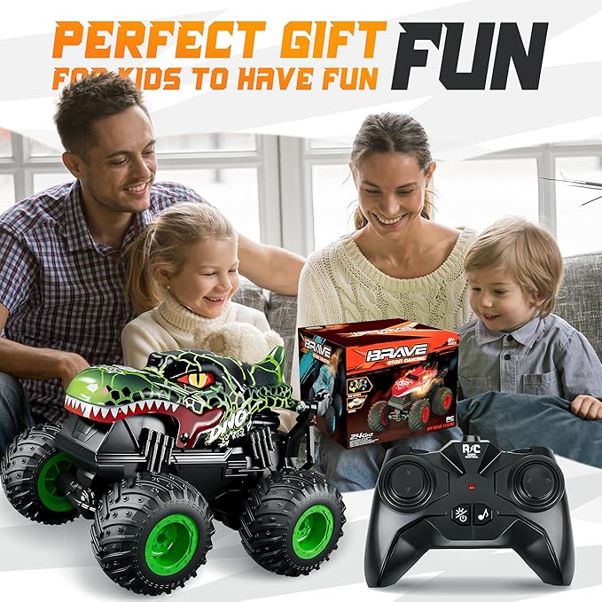 BEZGAR Monster Truck Toys - Remote Control Monster Truck with Light &amp Music Dinosaur Toys for Kids 1:20 Scale RC Truck with 360° Spins and Drifting Remote Control Car for Boys 4-7