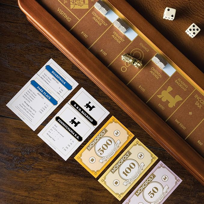 Monopoly Luxury Edition by WS Game Company Burl Wood Cabinet with Gold Foil Stamped Game Board Faux Leather Rolling Area and 2 Storage Drawers Premium Board Games for 2-6 Players
