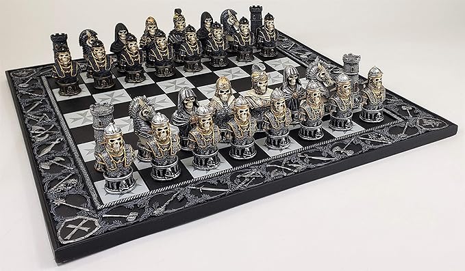 Medieval Times Skull Busts Gothic Fantasy Skeleton Knights Chess Set with 17 Maltese Board