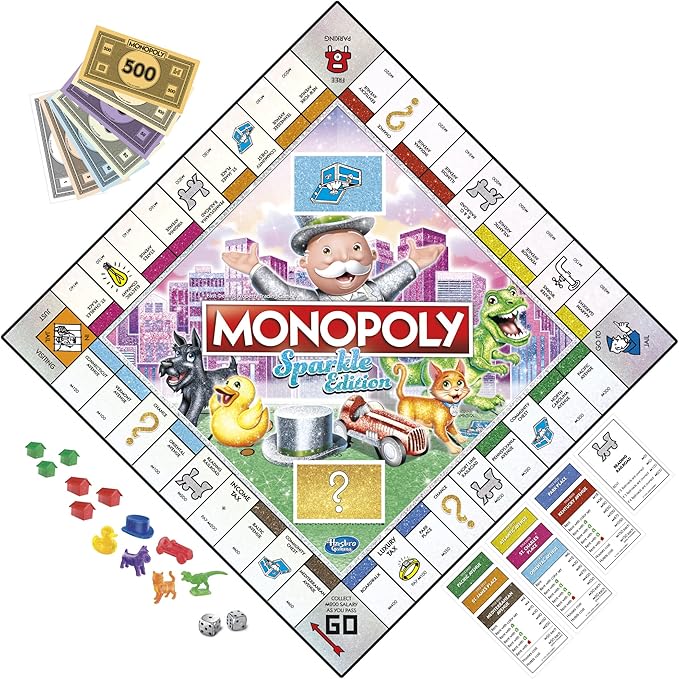 Hasbro Gaming Monopoly Sparkle Edition Board Game Family Games with Glittery Tokens Pearlescent Dice Sparkly Look (Amazon Exclusive)