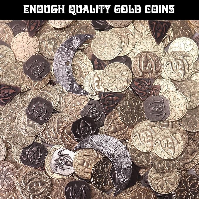 Byhoo 145 PCS Metal DND Coins &amp Leather Bag Contains 60 Gold Coins 40 Sliver Coins 40 Copper Coins and 5 Platinum Coins Tokens with Glow in The Night Eyes Bag for RPG Tablelap Games