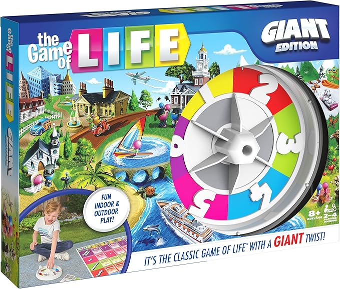 The Game of Life Giant Edition Family Board Game Indoor/Outdoor Fun Game with Big Oversized Gameboard Cards Spinner for Adults and Kids Ages 8 and up