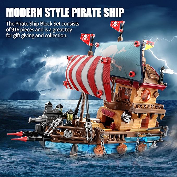 Pirate Ship Building Kit (916 Pcs) with LED Lights - Standard Brick - Compatible Creative Pirate Toy Model - Ideal Gift for Kids Teens Adults &amp Boys Ages 8-12 (Birthday/Christmas/Party)