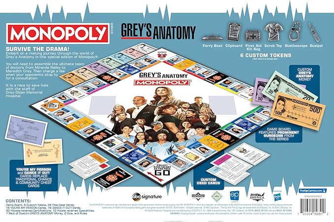 Monopoly: Grey's Anatomy Board Game | Featuring Ferry Boat Clipboard Scrub Top and More | Buy Sell Trade Iconic Doctors from Miranda Bailey to Meredith Grey | Officially Licensed Collectible
