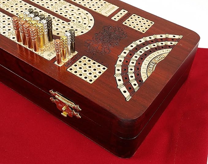 14 4 Track Continuous Cribbage Board W/ Card Storage Maple Tracks on Bloodwood - Corner Skunk &amp Games Won