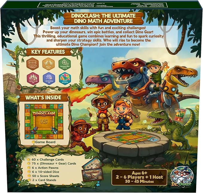 Dr. Quest Dino Clash Educational Math Board Game | Dinosaur-Themed Addition &amp Subtraction Game | Educational Family &amp Homeschool Math Game for Kids Ages 6–10