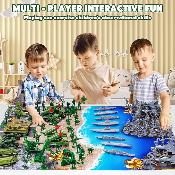 Army Men Playset – 117 Pcs Military Toy Soldiers Set with Action Figures Battle Mat Tanks Helicopter Submarine &amp Weapon Gear – Army Toys for Boys Ages 4-12 Great Gift for Kids