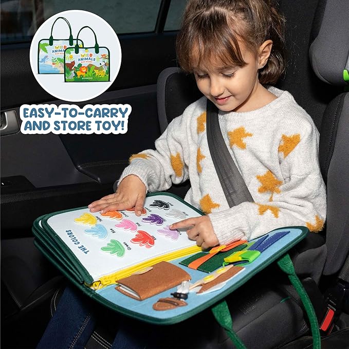 BONNYCO Busy Board for 1 Year Old Animals. Montessori Busy Book for Toddlers 1-3 2-4 Felt Quiet Book Baby. Montessori Toys Toddler Learning Toys for Travel Airplane Car. Educational Activity Board