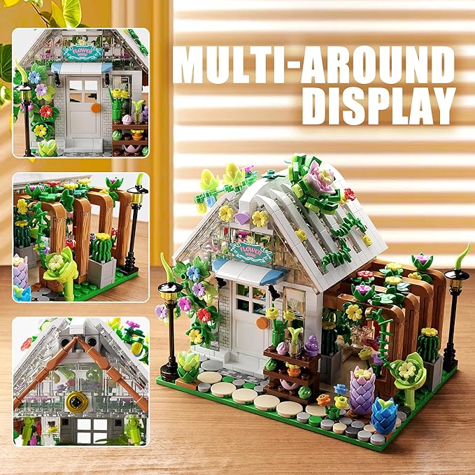 Flower House Building Set with Lights Garden House Building Toy Kits Compatible with Trend Creative Greenhouse Playset Christmas Birthday Gift for Adults or Girls 8-12 Years (719PCS)