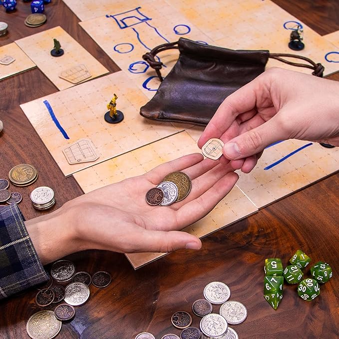 The Dragon's Hoard: 60 Real Metal Fantasy Coins with Leather Pouch | Board Game Accessory for Tabletop RPG Role-Play Strategy Games | Bronze Silver and Gold Colored Coins