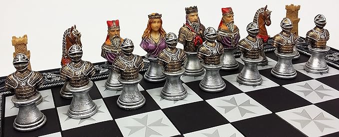 HPL Medieval Times Crusades Color Painted Busts Knights Chess Set with 17 Maltese Board