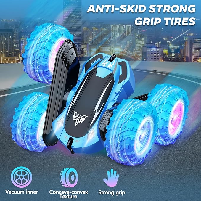 KKONES Remote Control Car 2.4GHz Double Sided 360° Flips Rotating Electric Race RC Stunt Car LED Wheel &amp Headlight High Speed Off Road Cars Toy Gift for 3 4 5 6 7 8-12 Year Old Boy Toys (Blue)