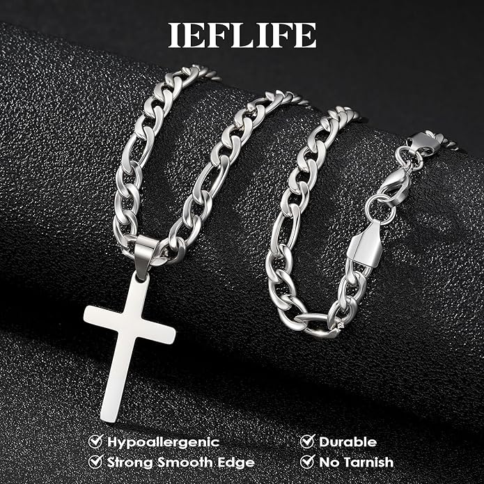 IEFLIFE Easter Basket Stuffers - Cross Necklace Easter Gifts for Men Boys Silver Figaro Chain Cross Necklace Jewelry Christian Baptism Gifts for Boys Birthday Gift for Dad Husband Son Grandson