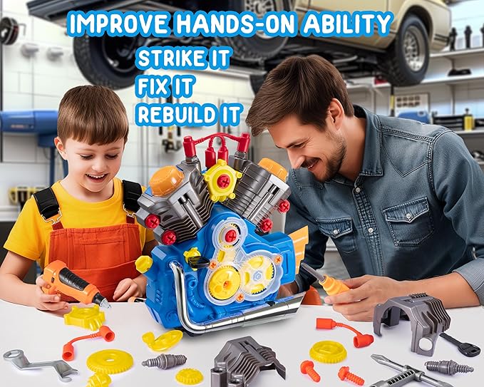 Engine Building Kit Kids Mechanic Repair Set for Kids Motorcycle EngineTake Apart Toys-42pc PlaysetSTEM Engine Model Kit Toy with Cool Lights&ampSoundsEducational Toys for 3+ Year Old (Blue)