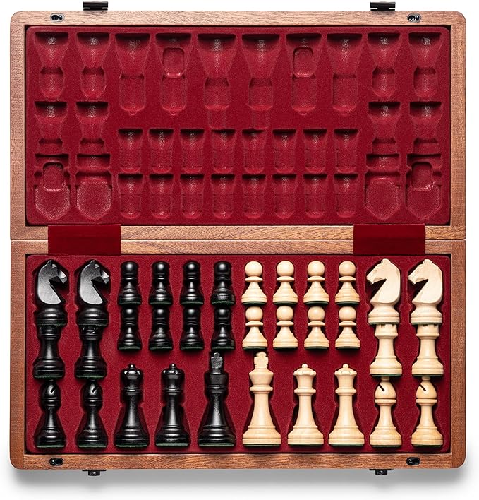 A&ampA Premium Folding Chess Board Game Set 15 Wooden Chess Board &amp 3 King Height Staunton Chess Pieces with 2 Extra Queens Portable Travel Chess Set (Natural Mahogany 15 Inches)