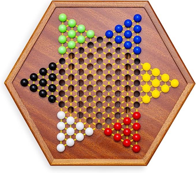 Wooden Chinese Checkers Game Set with Storage Drawer 12.6 inches - Includes 60 Colorful Acrylic Chess Pieces (6 Colors) - Classic Strategy Board Game