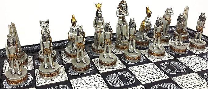 Egyptian Anubis Black and Silver Chess Men Set with Gold Accents - NO Board