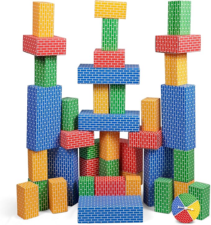 NATIONAL GEOGRAPHIC Kids Jumbo Cardboard Building Blocks – 40 Heavy-Duty Bricks in 3 Sizes Build &amp Learn with Game Spinner &amp Activity Cards for Kids 3+ Indoor Play Construction Toy for STEM